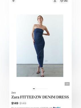 Zara Strapless Fitted Denim Midi Dress in Navy Blue